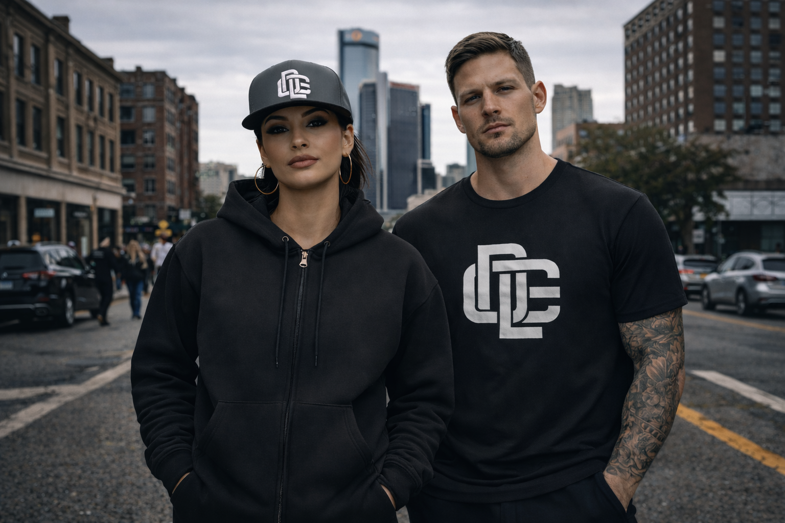 Two people wearing branded clothing standing on a city street.